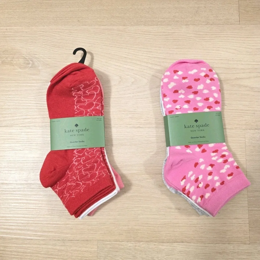 Kate Spade Pink Red Wide Heart Print Valentines Quarter Socks 2‎ Packs Of 3